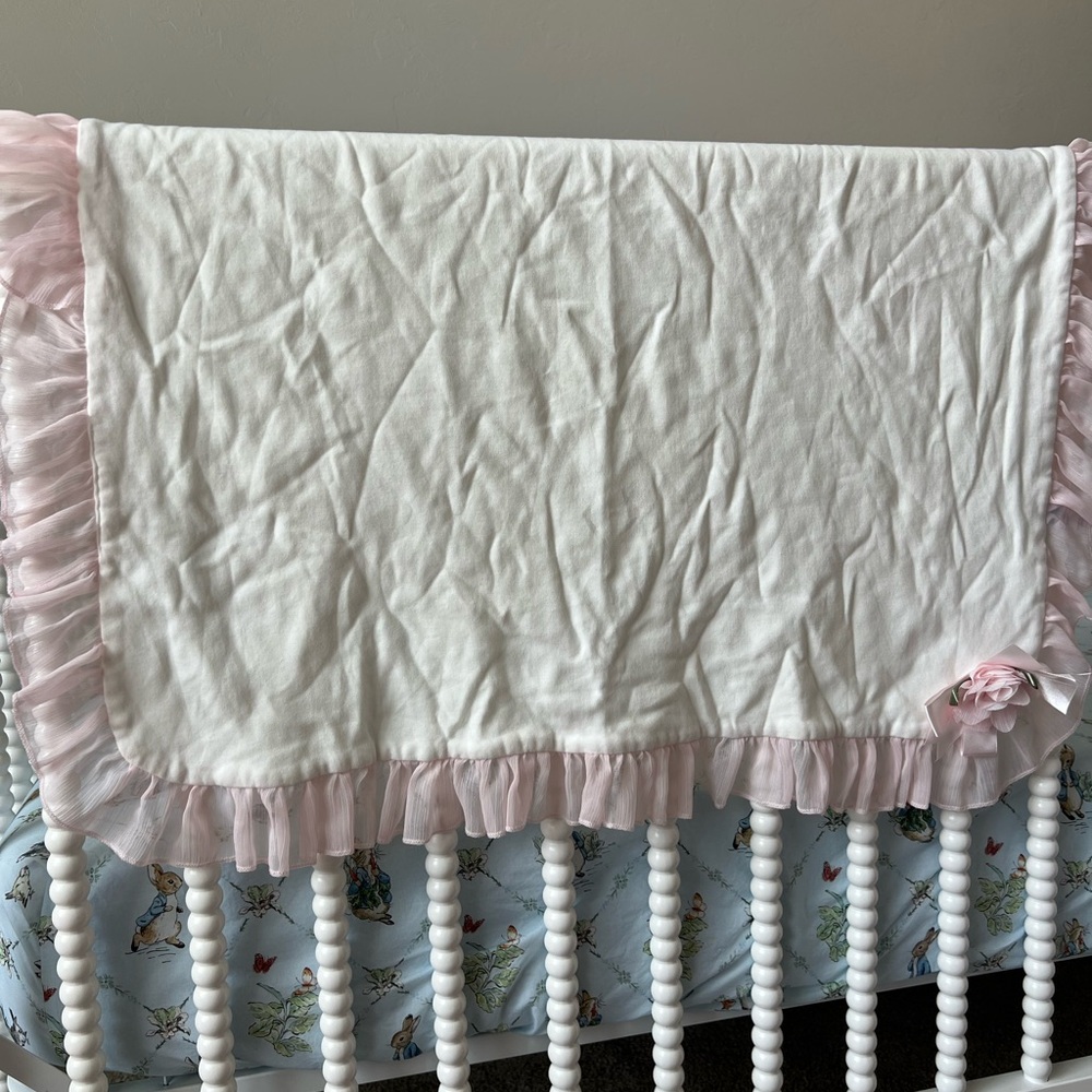 Edgehill Collection White Baby Blanket with Pink Ruffle Trim